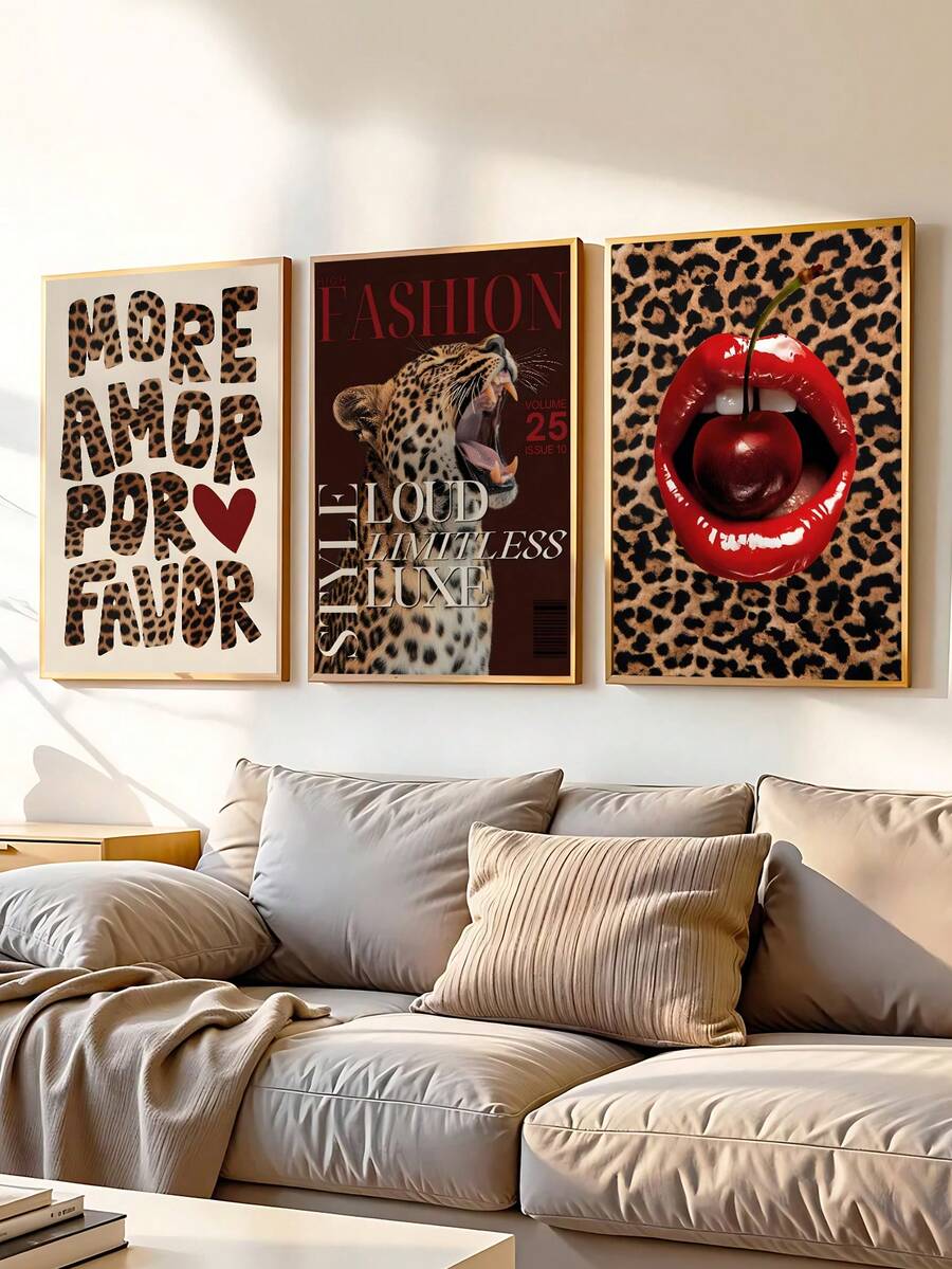 Red lips print and cheetah decor canvas set in burgundy cream brown tones