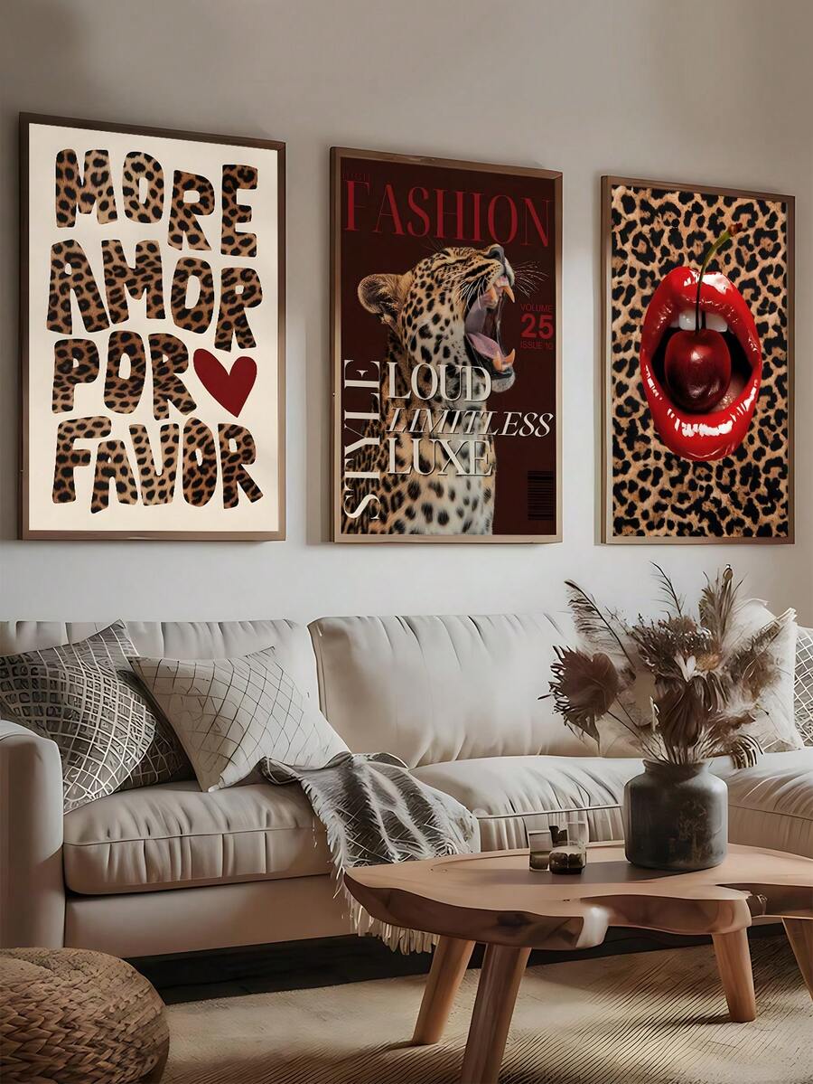 3 piece leopard fashion canvas set with red lips cherry and glam motifs