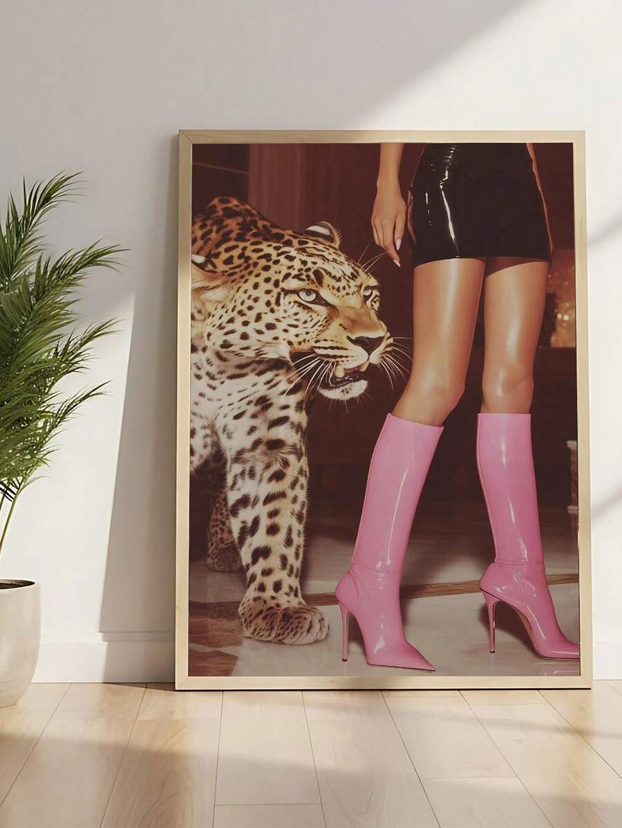 Pink boots leopard fashion canvas poster in gold frame