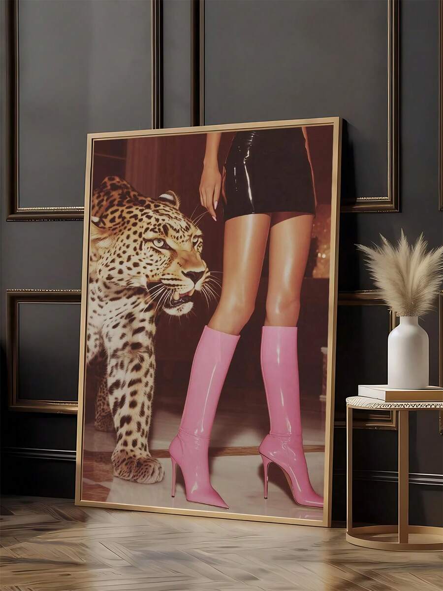 Pink boots leopard fashion canvas poster in gold frame