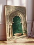 Moroccan courtyard print with green tile fountain and carved details