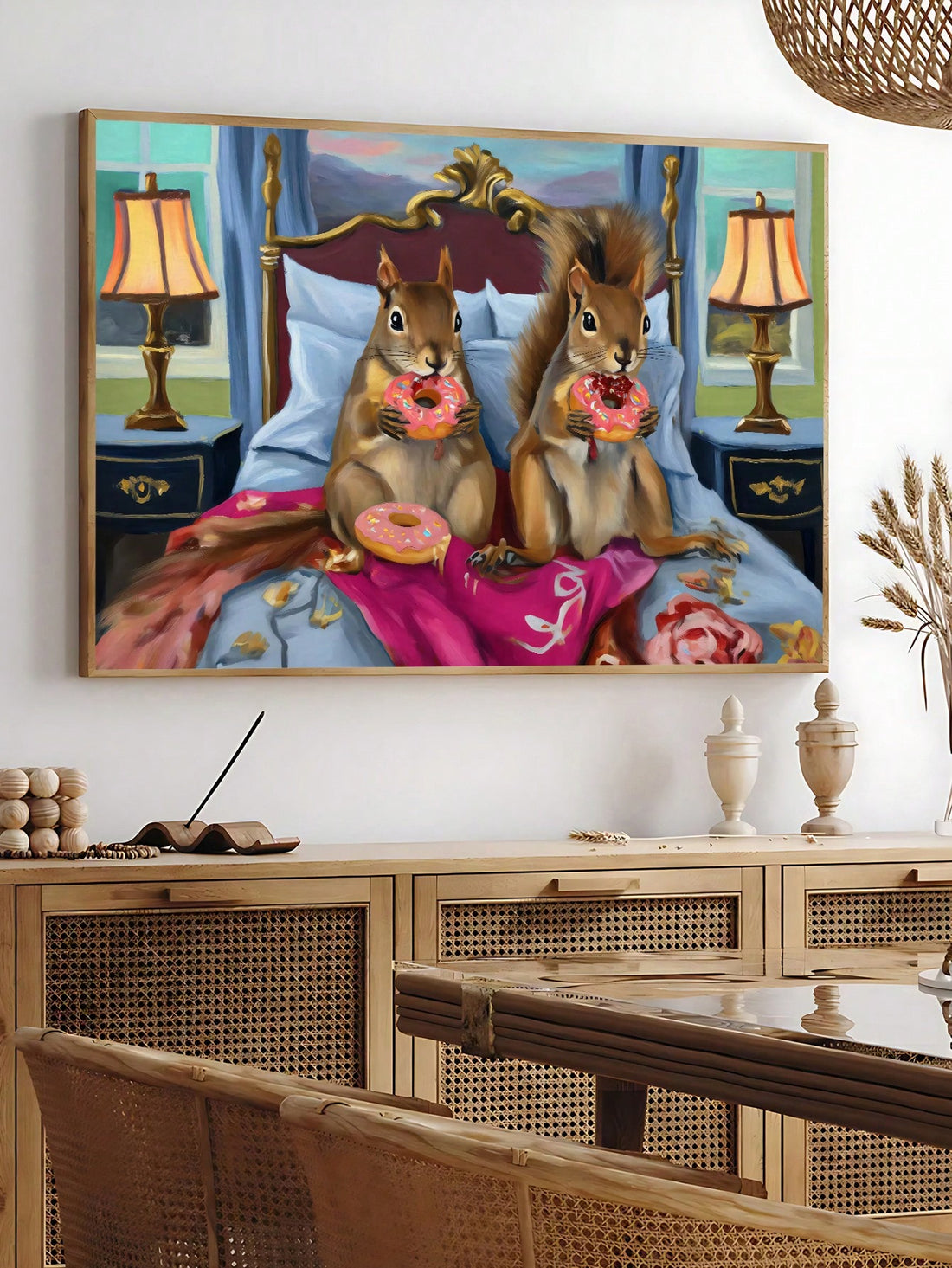 This whimsical art print celebrates the unexpected charm of woodland creatures through a surreal, imaginative lens. 
