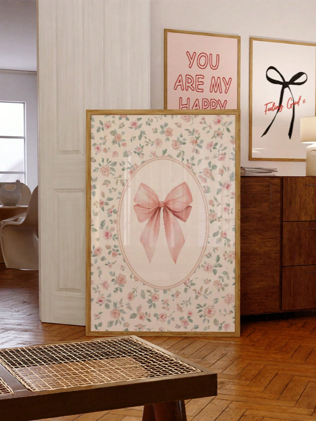 Elevate your space with this enchanting pink bow wall art print, a versatile piece that seamlessly complements cottagecore and boho aesthetics.