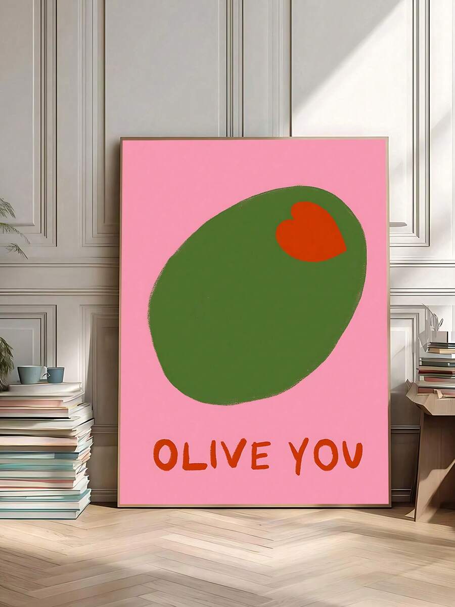 Framed Olive You olive wall art beside books in a colorful reading corner