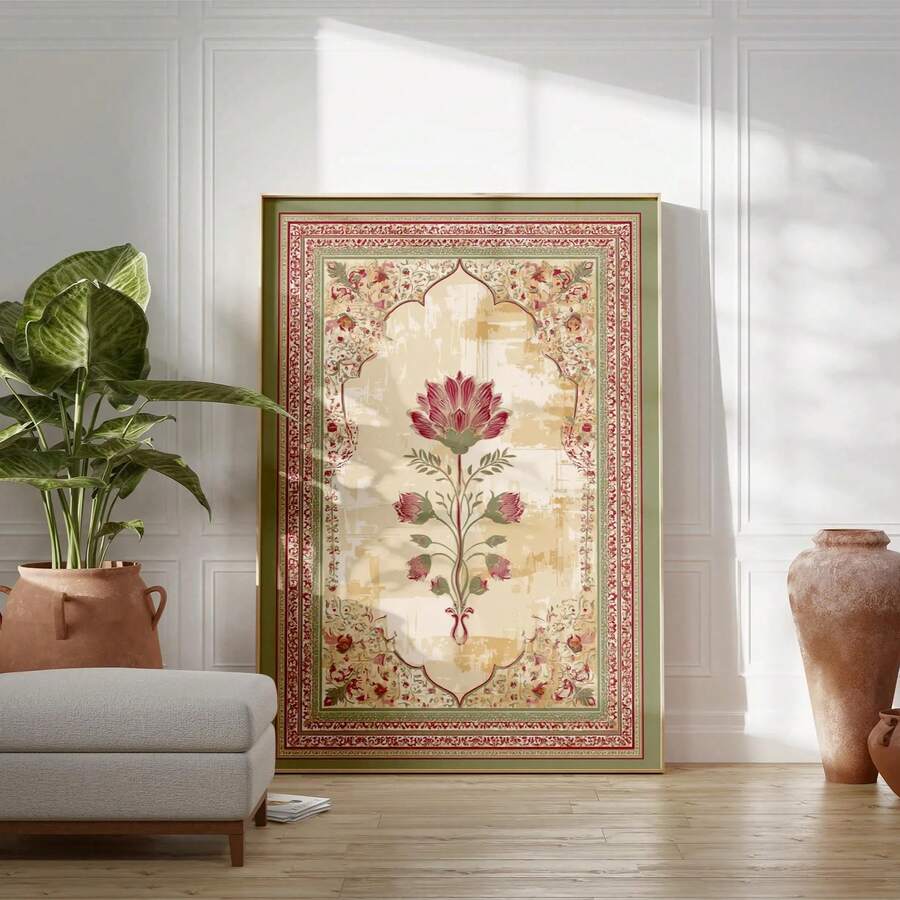 Transform your dining room with this stunning Vintage Mughal Floral Arch Canvas Wall Art. Featuring an elegant oriental botanical design rendered in rich multicolor tones, this piece brings timeless sophistication to any space. The waterproof canvas construction ensures durability and longevity, making it perfect for various room environments. Whether displayed framed or unframed, this graphic botanical print captures the intricate beauty of traditional Mughal artistry while complementing modern home decor 