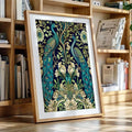 Framed William Morris peacock garden wall art display option
