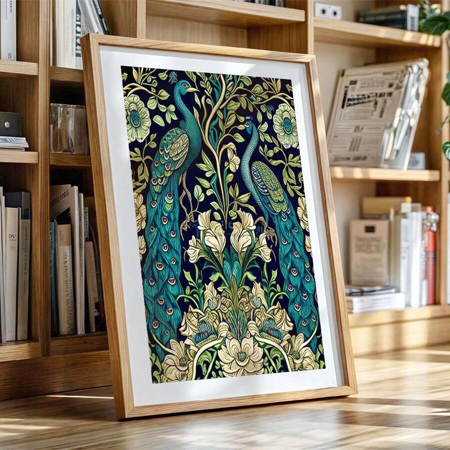 Framed William Morris peacock garden wall art display option