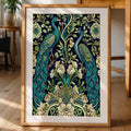 Vintage peacock floral poster shown as an unframed canvas option