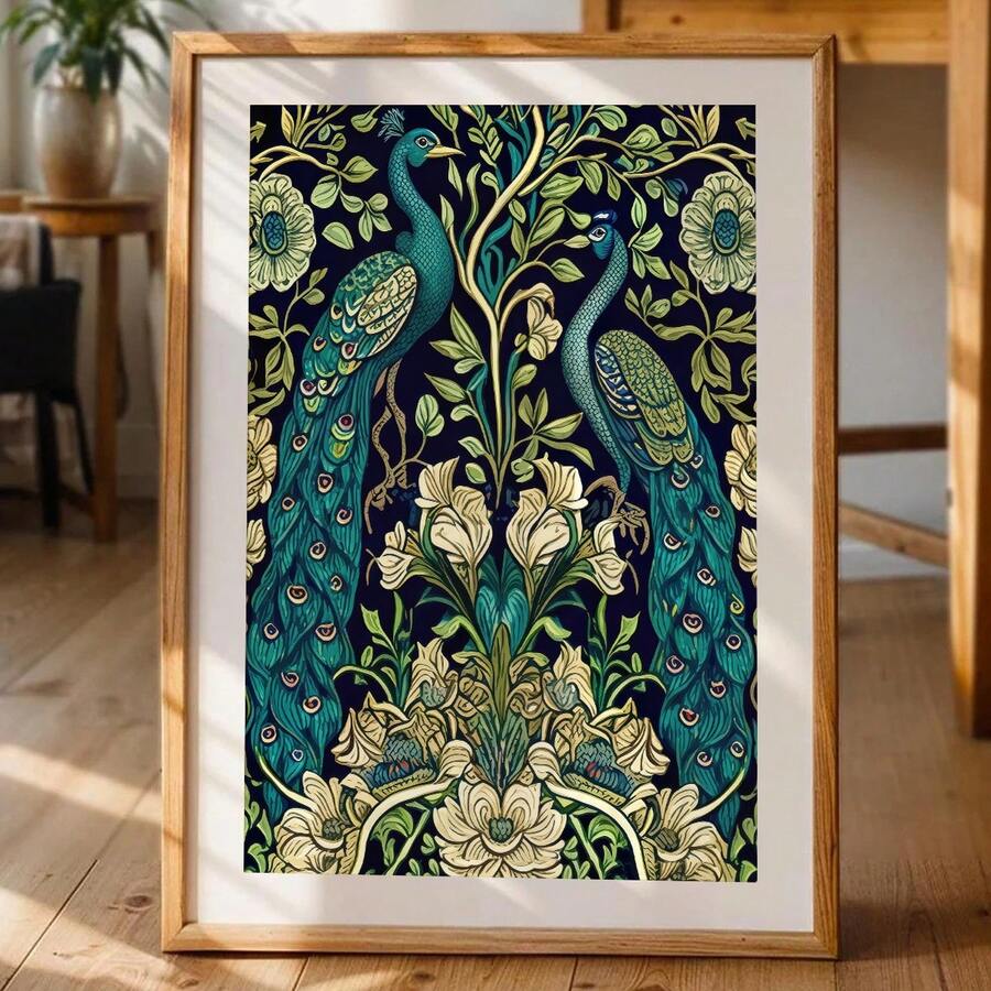 Vintage peacock floral poster shown as an unframed canvas option