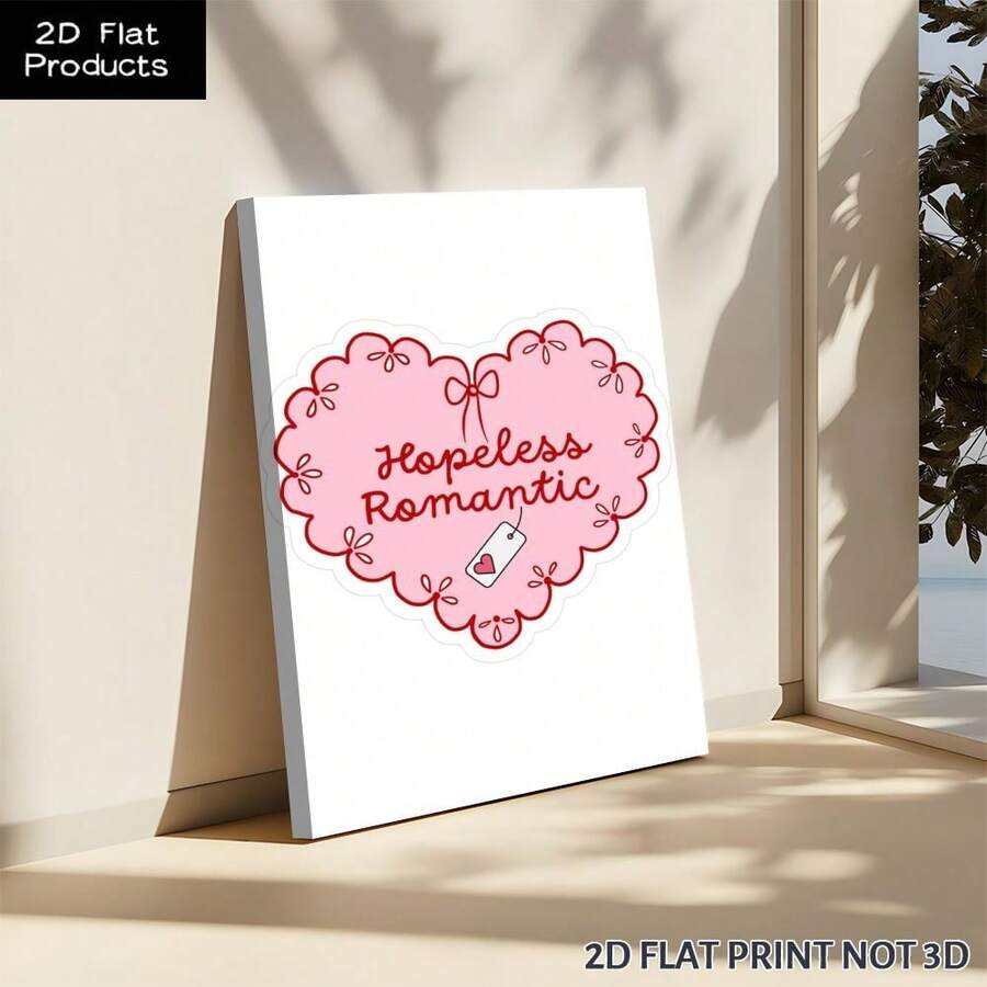 Hopeless Romantic pink heart canvas leaning near window with red script and white background as 2D flat print