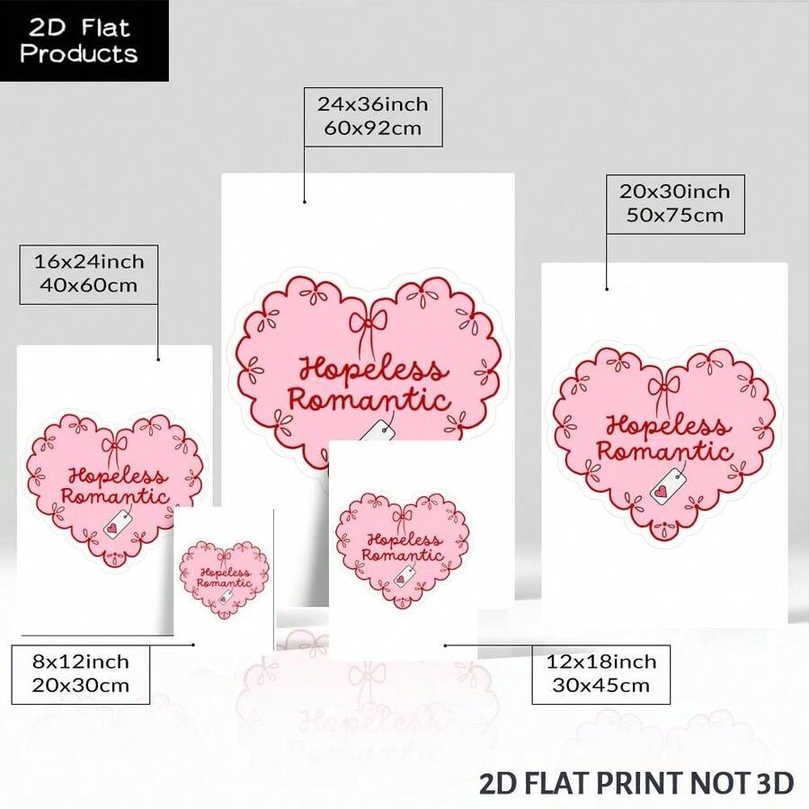 Hopeless Romantic pink heart canvas leaning in room with red text and tag icon on white background