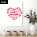 Hopeless Romantic canvas above white bench with vase and baskets as pink heart romantic wall art