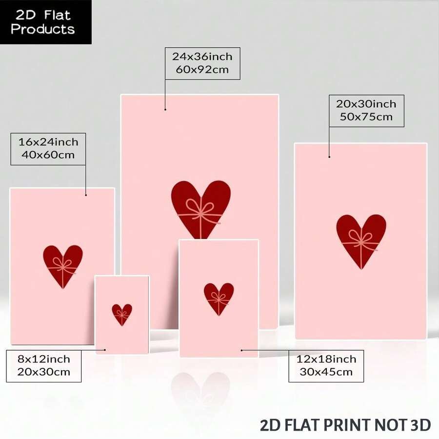 Pink canvas wall art with red heart gift bow design leaning in bright room as 2D flat print