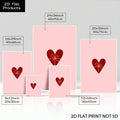 Size chart for pink red heart canvas print showing 8x12 12x18 16x24 20x30 and 24x36 inch options