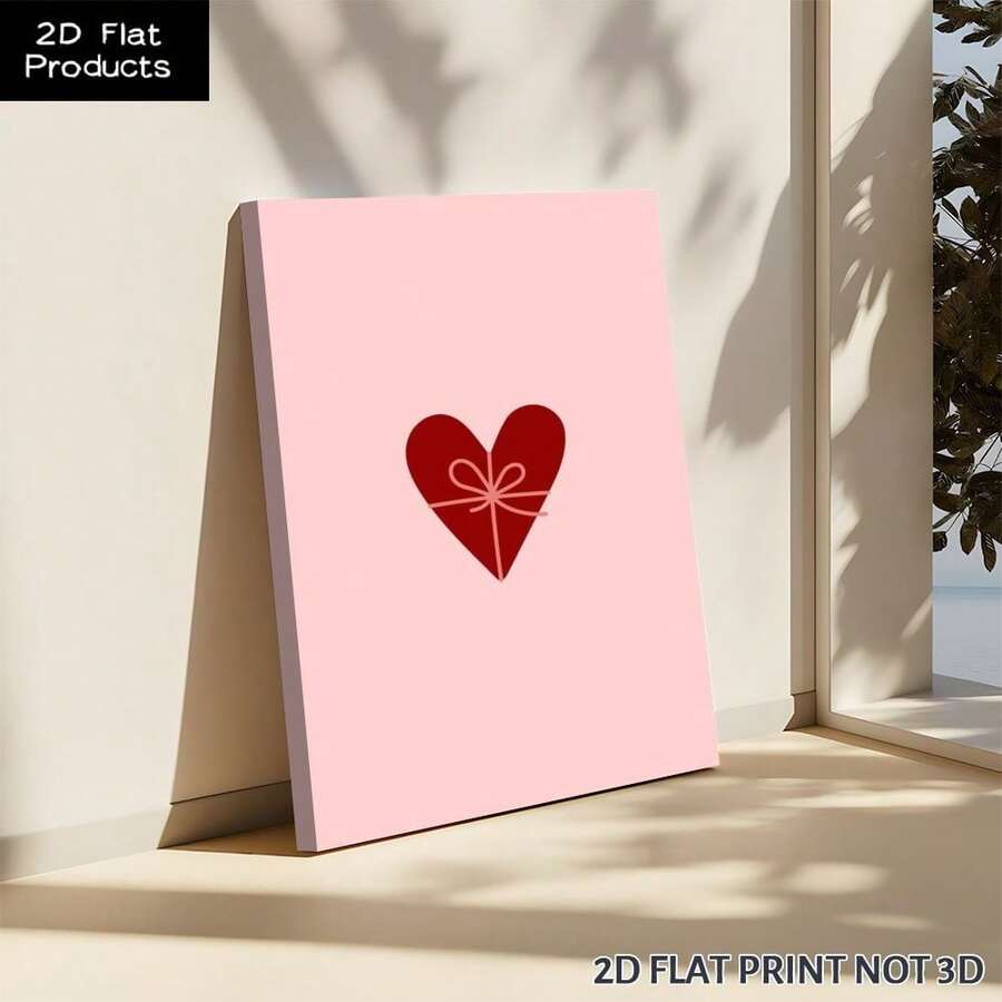 Pink red heart bow canvas print leaning near window with sunlight shadows as 2D flat print