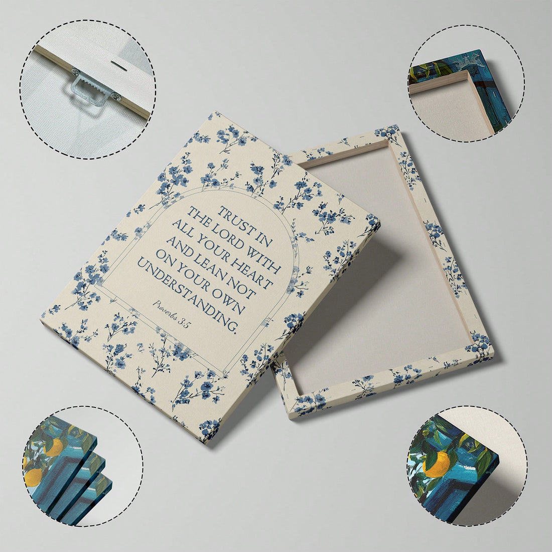 Trust in the Lord with all your heart with this stunning Proverbs 3:5 wall art. Featuring elegant blue floral designs, this piece combines spiritual inspiration with sophisticated home decor. Perfect for bedrooms, living rooms, offices, or prayer spaces, it serves as a daily reminder of faith and devotion