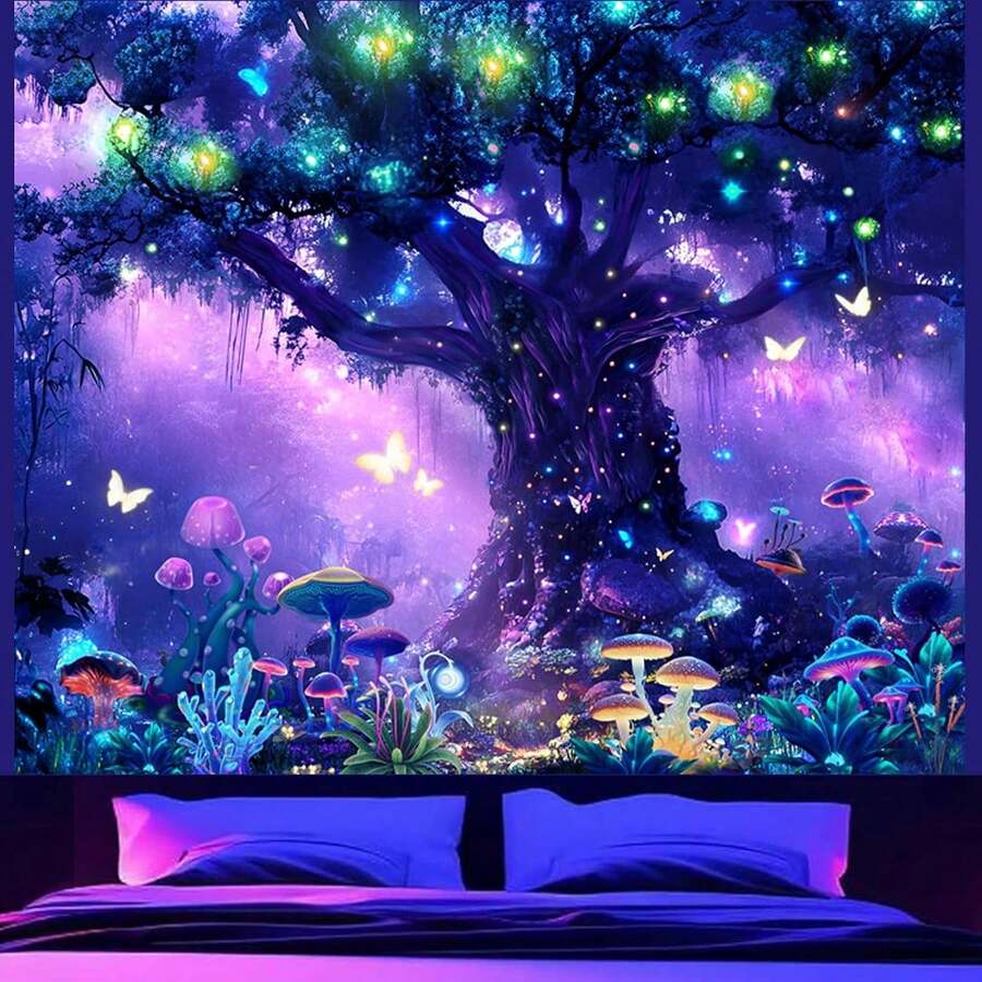Enchanted forest tapestry with glowing tree mushrooms and butterflies