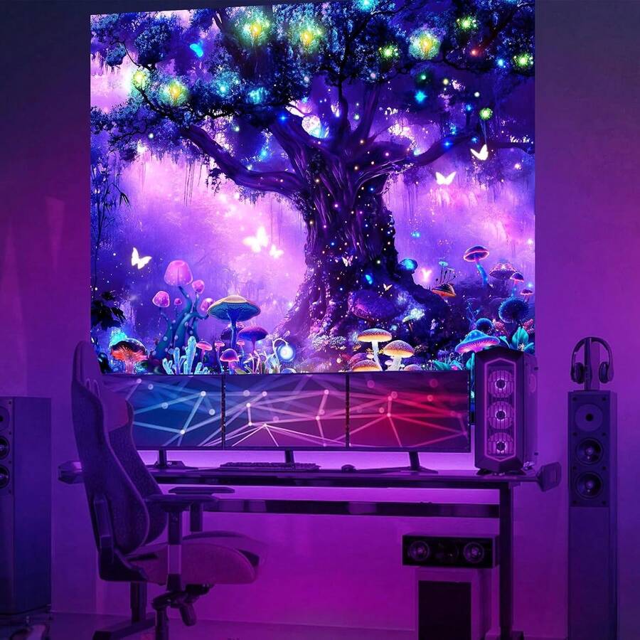 Enchanted forest tapestry with glowing tree mushrooms and butterflies