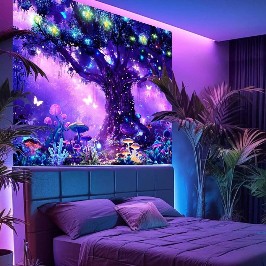 Psychedelic mushroom tapestry with neon purple blue and teal forest artwork