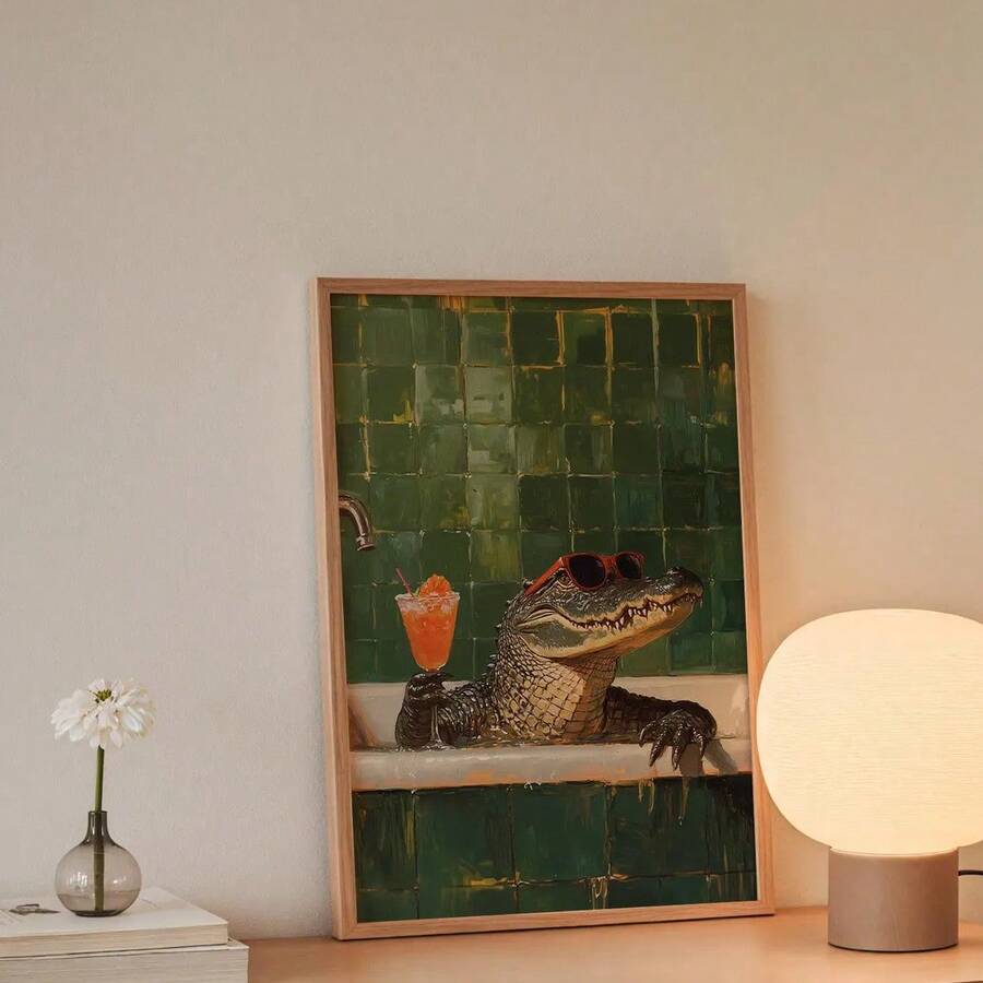 Bring whimsical charm to your bathroom with this playful vintage crocodile canvas art. Featuring a dapper croc enjoying a cocktail in retro style, this multicolor graphic piece adds personality and humor to any space. Crafted on waterproof canvas, it's perfect for moisture-prone areas. Available as both framed and unframed options, this animal-themed artwork works equally well in bathrooms, dining rooms, or any room needing a dose of nostalgic fun and conversation-starting decor.