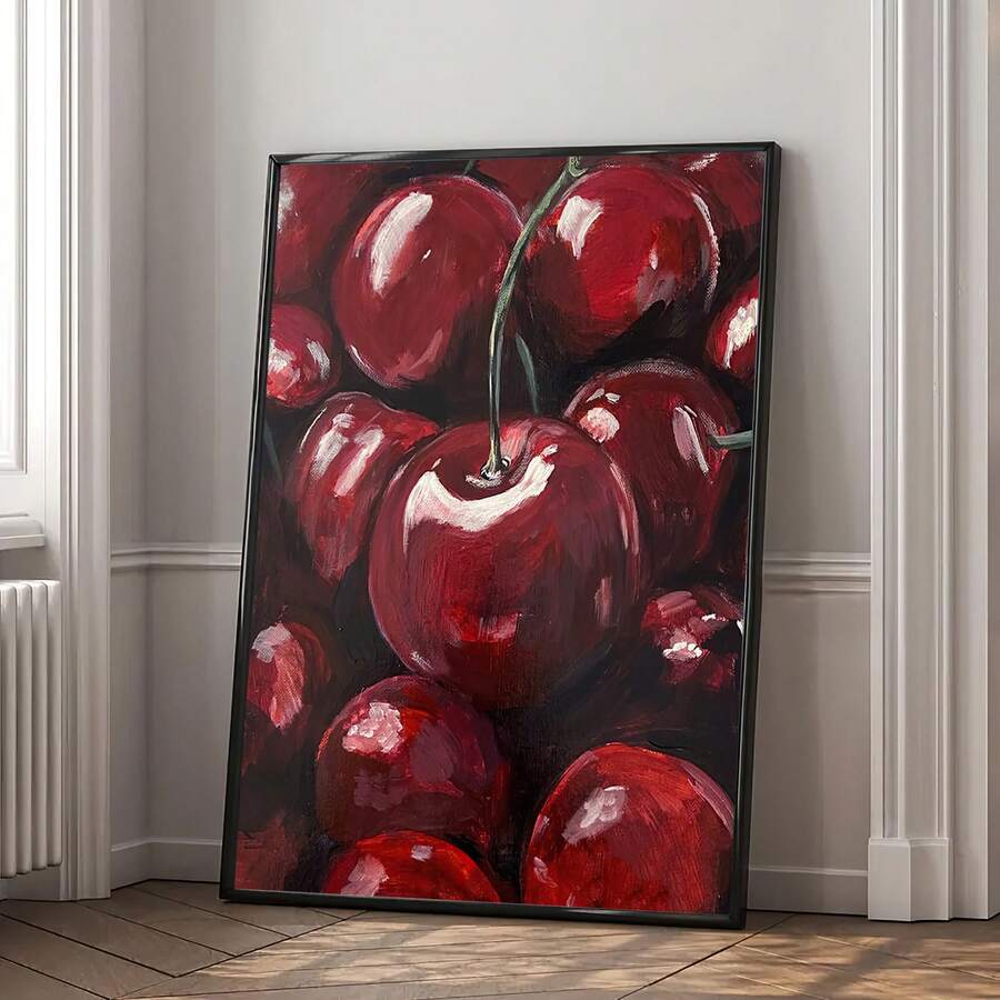 Room styling 2 of Cherry Canvas Art Poster, Vibrant Red Cherries With Green Leaves, Frameless Modern Wall Decor from Jose Collections