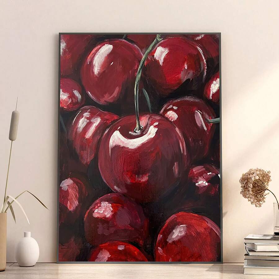 Material close-up 4 of Cherry Canvas Art Poster, Vibrant Red Cherries With Green Leaves, Frameless Modern Wall Decor from Jose Collections