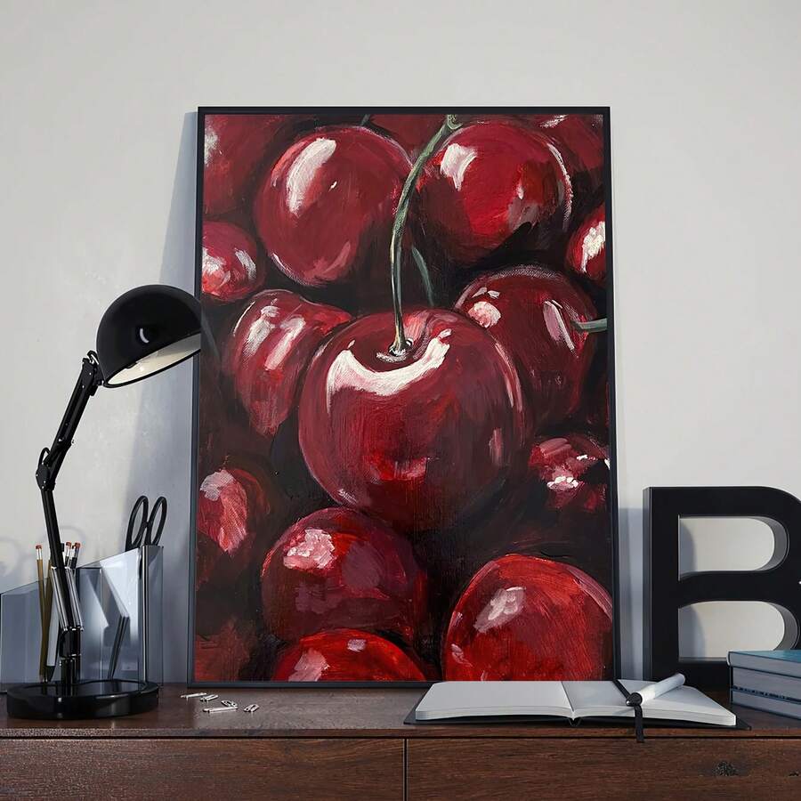 Front view 1 of Cherry Canvas Art Poster, Vibrant Red Cherries With Green Leaves, Frameless Modern Wall Decor from Jose Collections