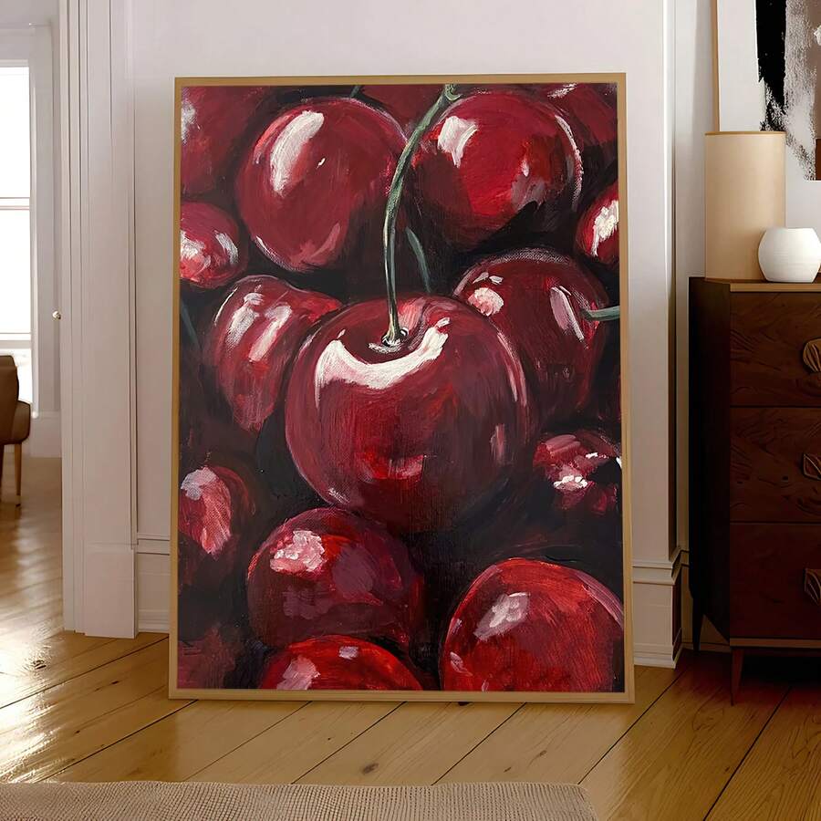 Decor detail 3 of Cherry Canvas Art Poster, Vibrant Red Cherries With Green Leaves, Frameless Modern Wall Decor from Jose Collections
