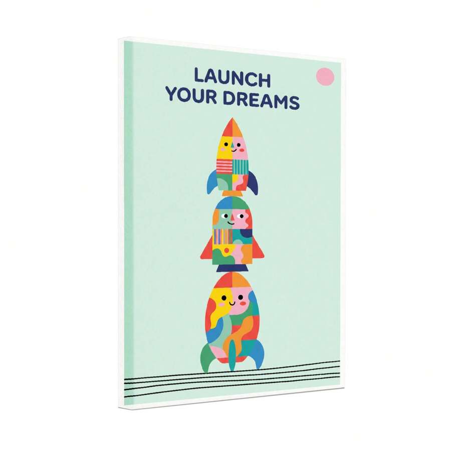 Launch Your Dreams rocket canvas wall art above cream sofa in warm living room