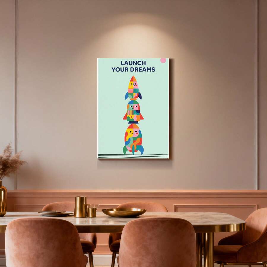 Colorful kids rocket canvas print hanging over dining table under wall light