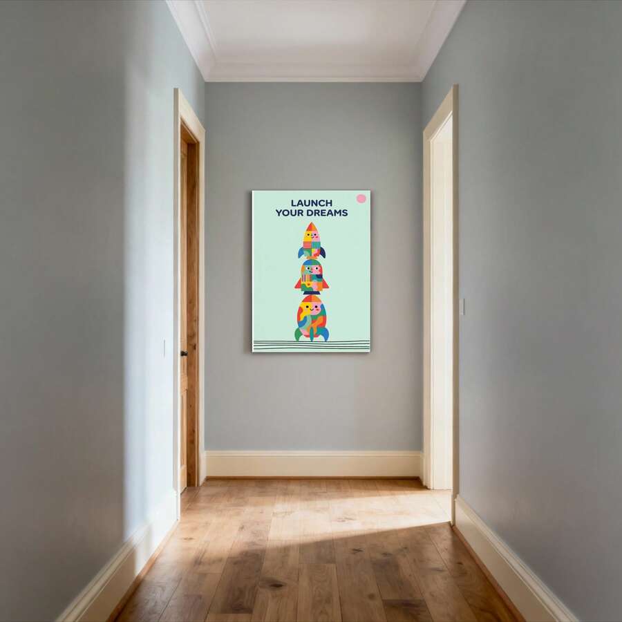 Launch Your Dreams canvas wall art on hallway wall with wood floor