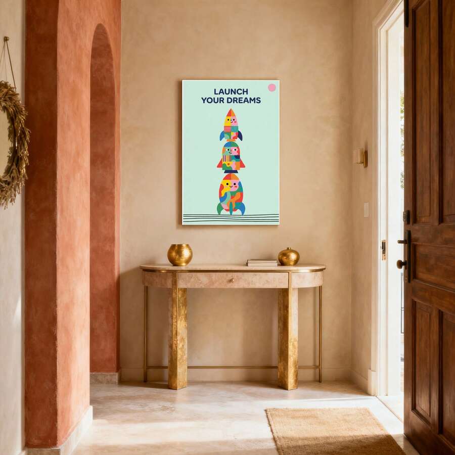 Motivational rocket canvas wall art displayed in entryway above console table