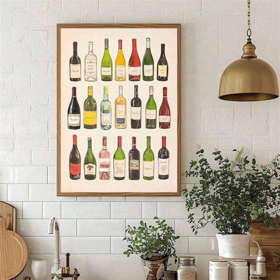 Front view of minimalist wine bottle canvas art for kitchen and dining wall decor
