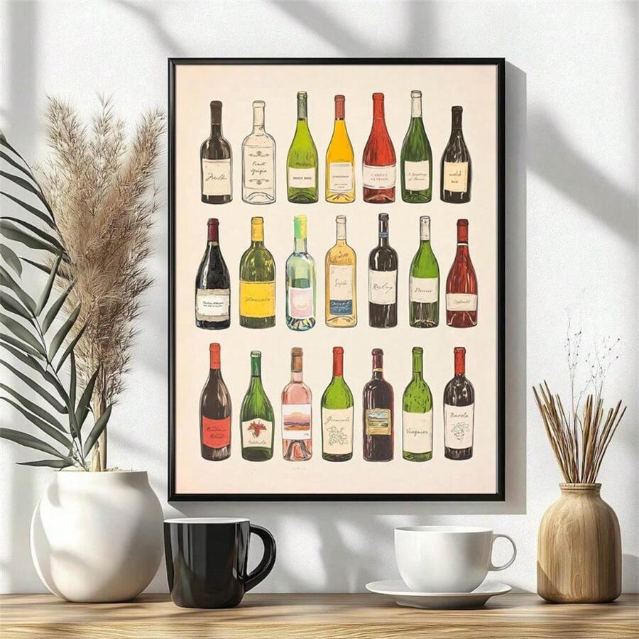Front view of minimalist wine bottle canvas art for kitchen and dining wall decor
