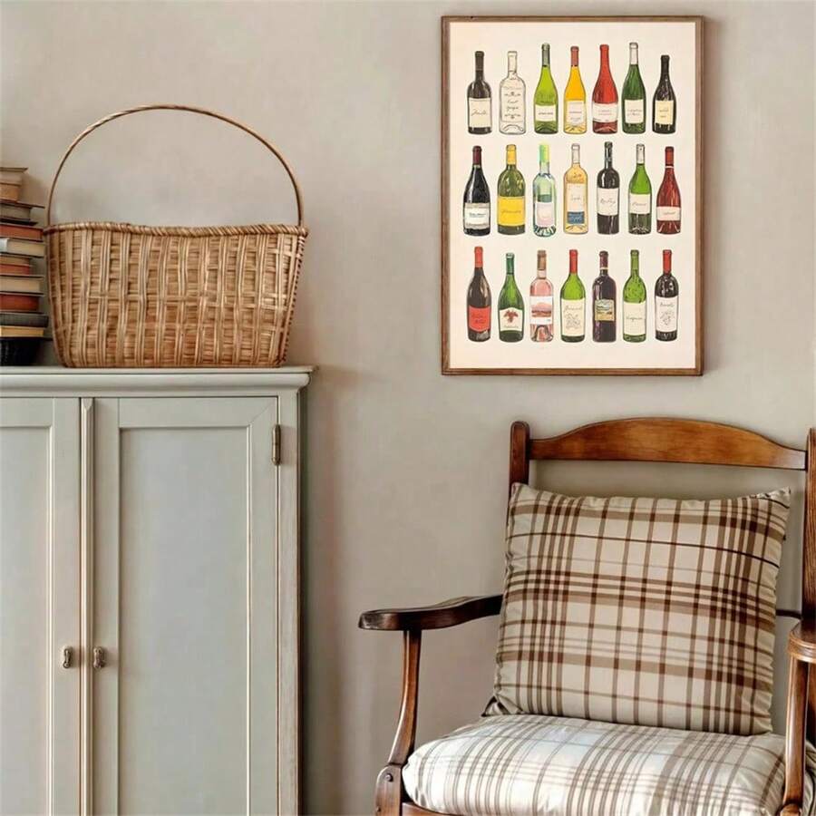Styled display of wine bottle wall art for a chic dining room interior