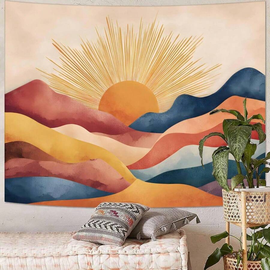 Sunrise tapestry with abstract rolling hills in peach orange mustard and navy