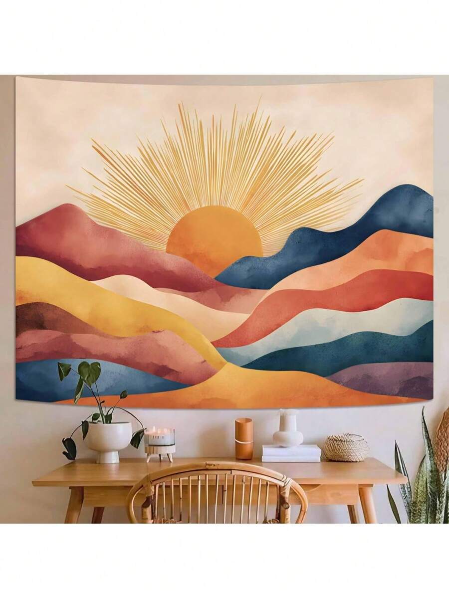 Sunrise tapestry with abstract rolling hills in peach orange mustard and navy