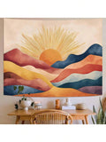 Boho abstract landscape wall hanging displayed above bed with warm desert colors