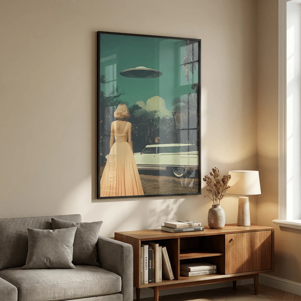 Alien landscape print in teal vintage room