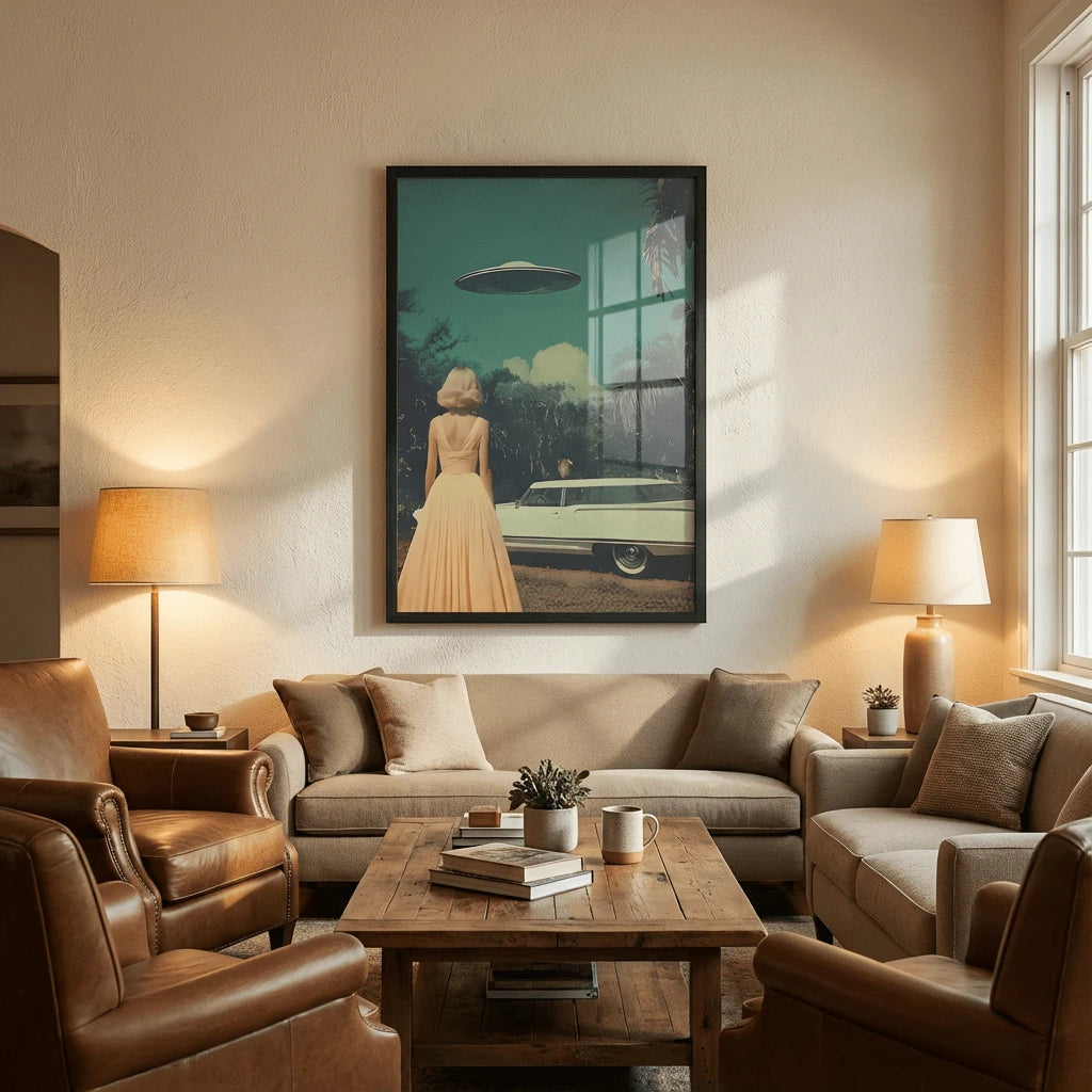 Vintage sci fi art shown in framed mockup
