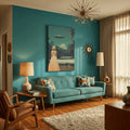 UFO poster styled above mid century sofa