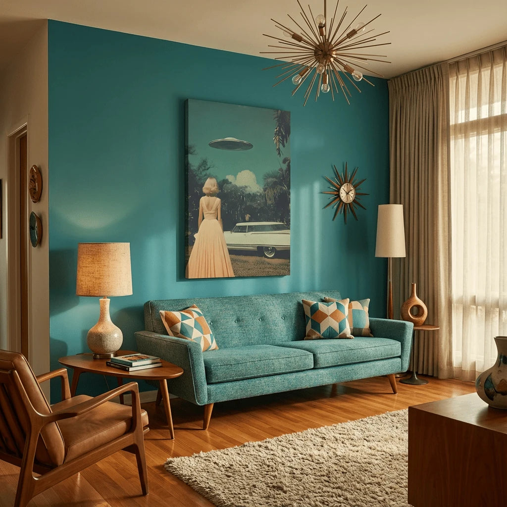 UFO poster styled above mid century sofa