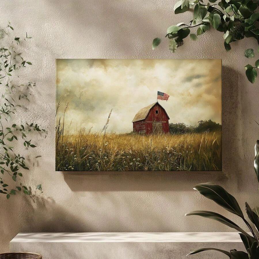 Framed American flag barn canvas with rustic prairie field and muted patriotic colors