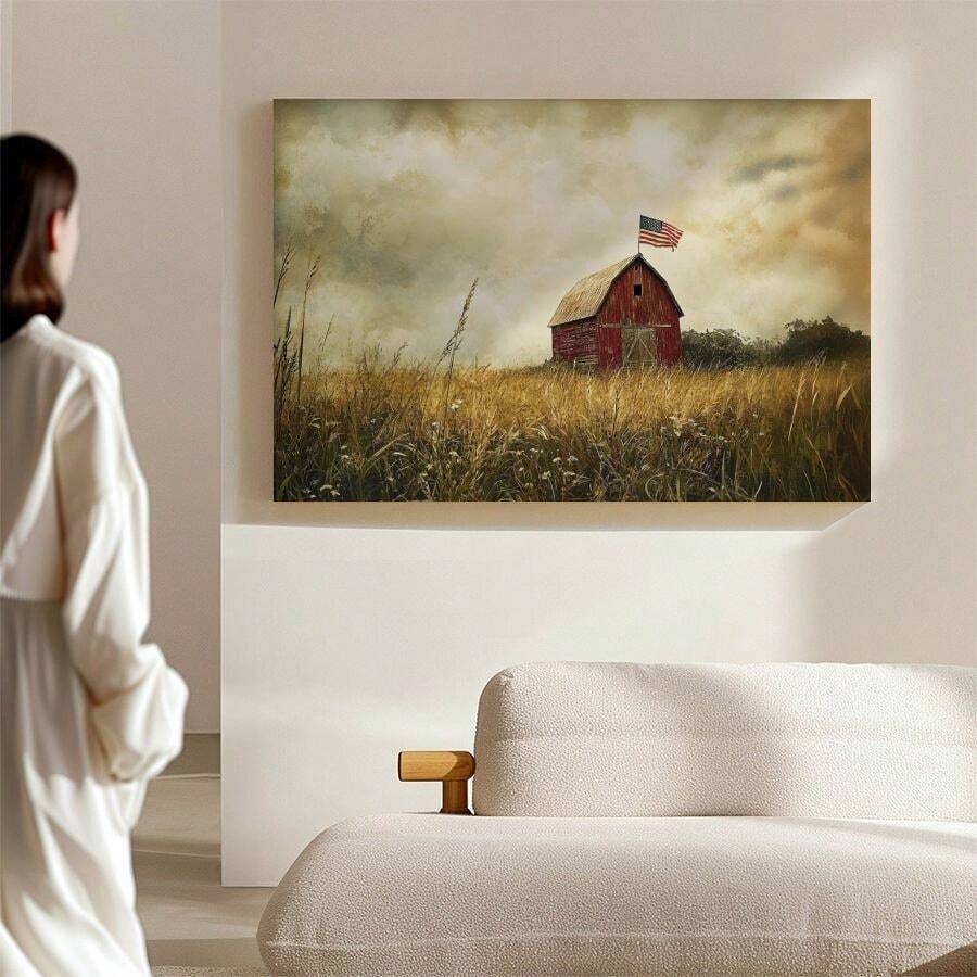 Framed American flag barn canvas with rustic prairie field and muted patriotic colors