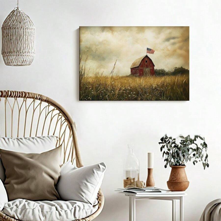 Close view of red barn poster with American flag and vintage country landscape style