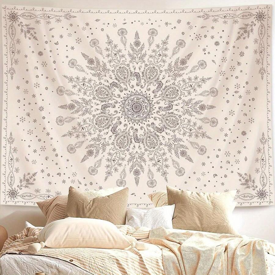 Boho beige floral tapestry with mandala pattern