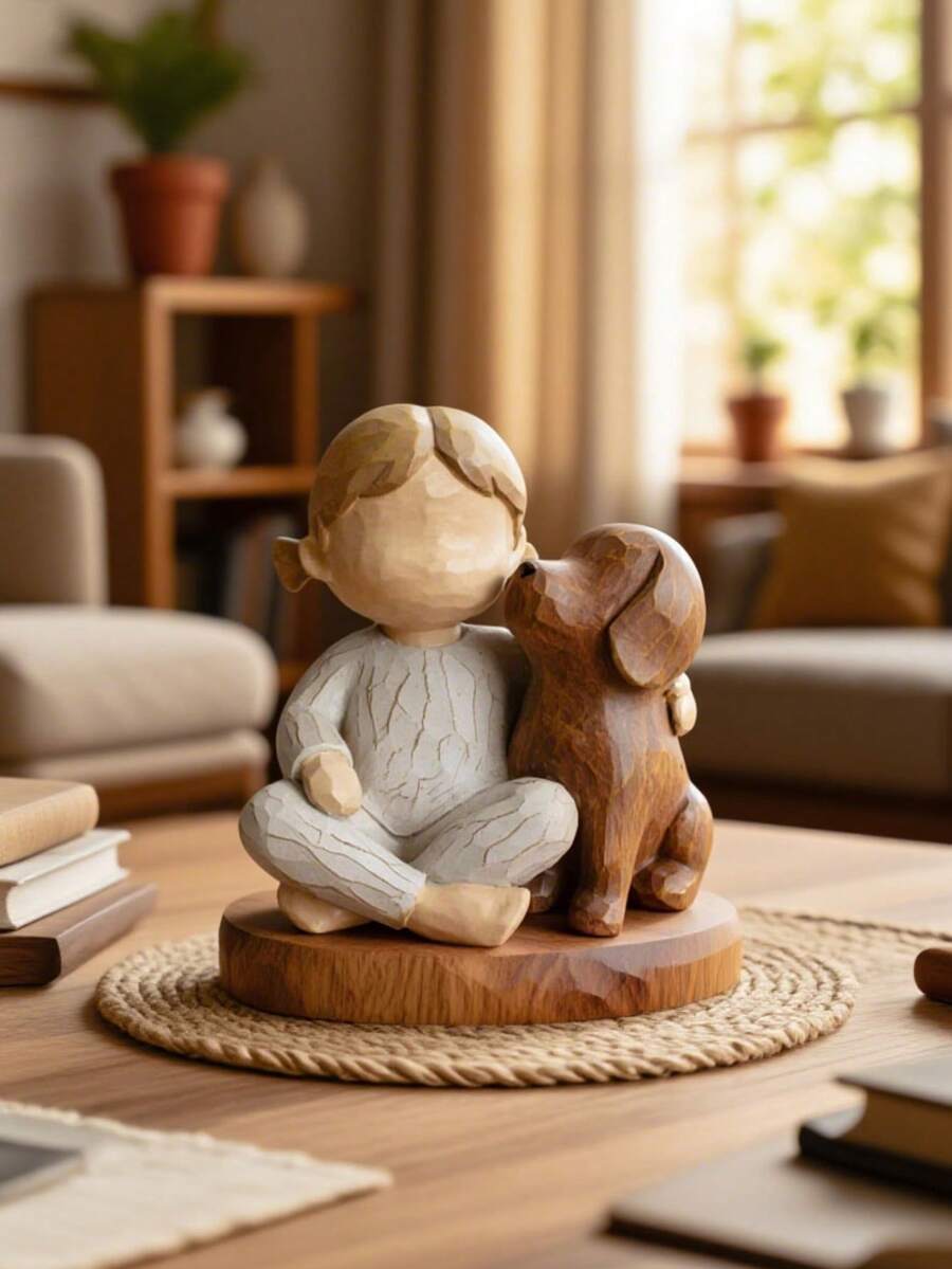 Rustic girl hugging dog resin figurine with warm carved texture.