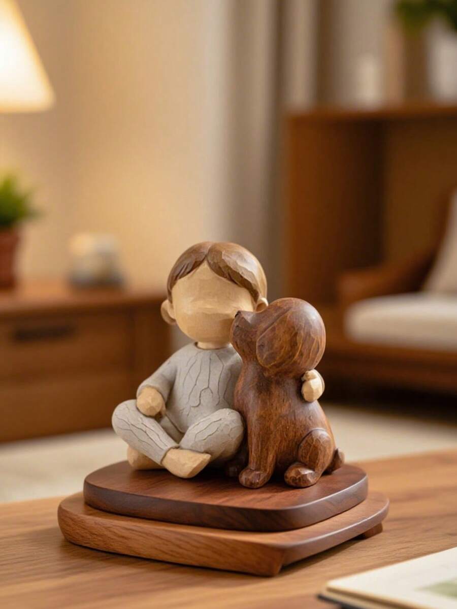 Rustic girl hugging dog resin figurine with warm carved texture.