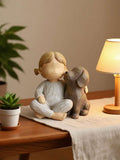 Size graphic showing rustic girl and dog figurine about 8 cm wide and 7.8 cm high.