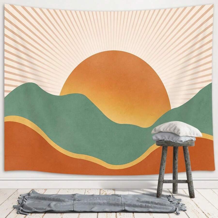 Sage green mountain tapestry with burnt orange sunrise